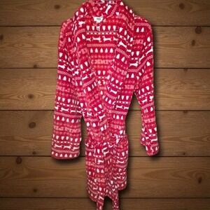 PINK Victoria's Secret Fleece Robe Dachshund Trees Holiday Red M L